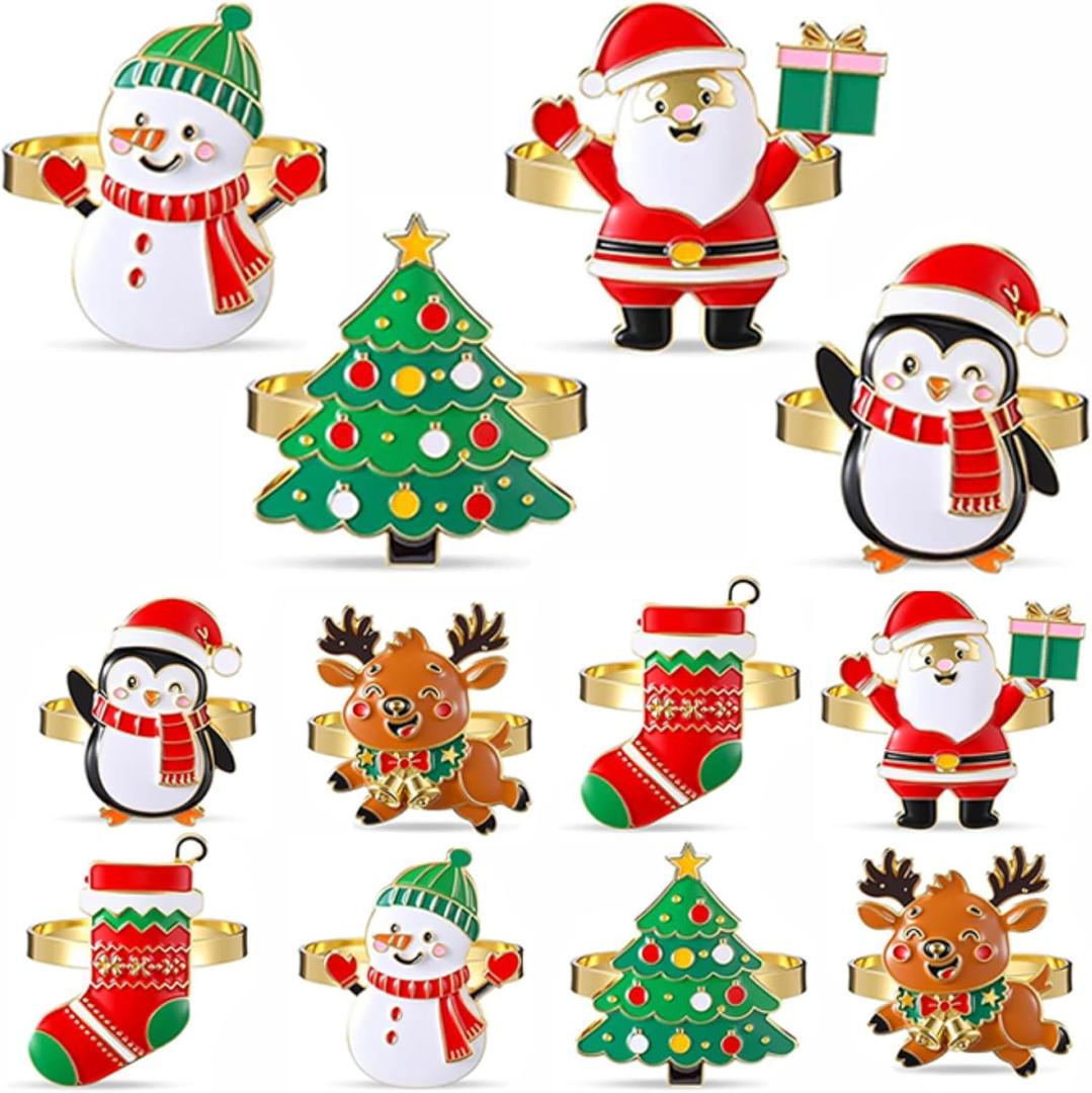 WILLBOND 12 Pieces Christmas Napkin Rings Set, Holiday Napkin Rings in 6 Styles, Christmas Tree, Xmas Stocking, Penguin, Santa, Reindeer, Snowman, for Xmas Dining Table Setting Decorations