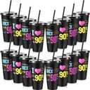 Uiifan 16 Pcs Back to the 90's Party 1990's Birthday Reusable Cups with Lids and Straws 24 oz Plastic Rock and Roll Tumblers Bulk Funny 90s Party Supplies