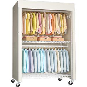 FUTASSI White Clothing Rack with Beige Cover, P1C Plus Rolling Closet with Wheels, Metal Garment Rack for Hanging Clothes, Clothing Storage Wardrobe, 46" W x 18.5" D x 80.7" H, Load 524 Pounds