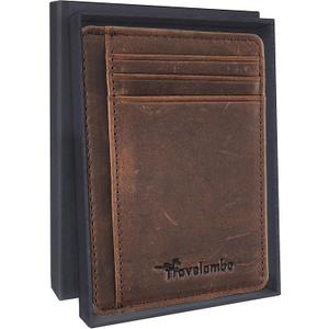 Travelambo Slim Minimalist Genuine Leather Wallet, Front Pocket RFID Blocking Wallet for Men and Women with Gift Box (Crazy Horse Brown)