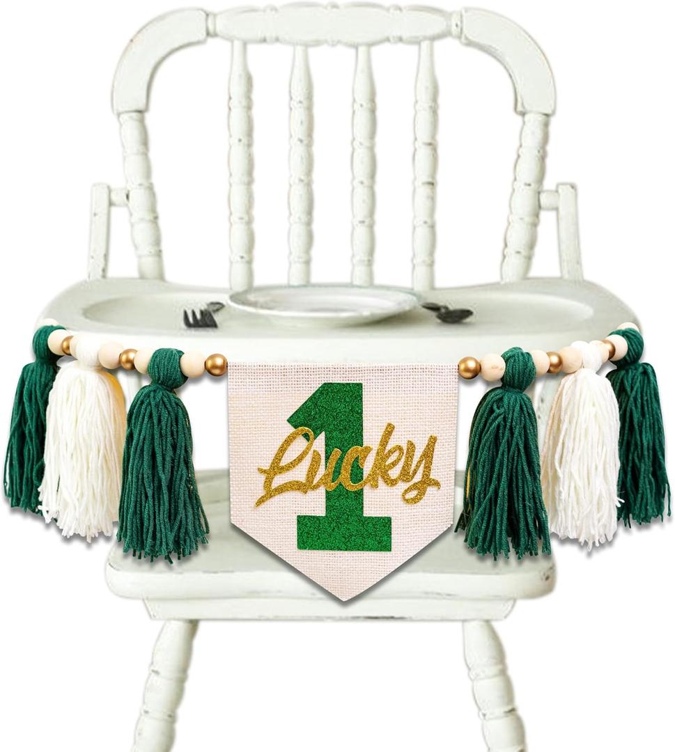 Lucky One 1st Birthday Tassel High chair Banner - St Patrick's Day Highchair Decoration, Shamrock First Birthday Party Sign, Clover Cake Smash Pennant (Green Tassel)