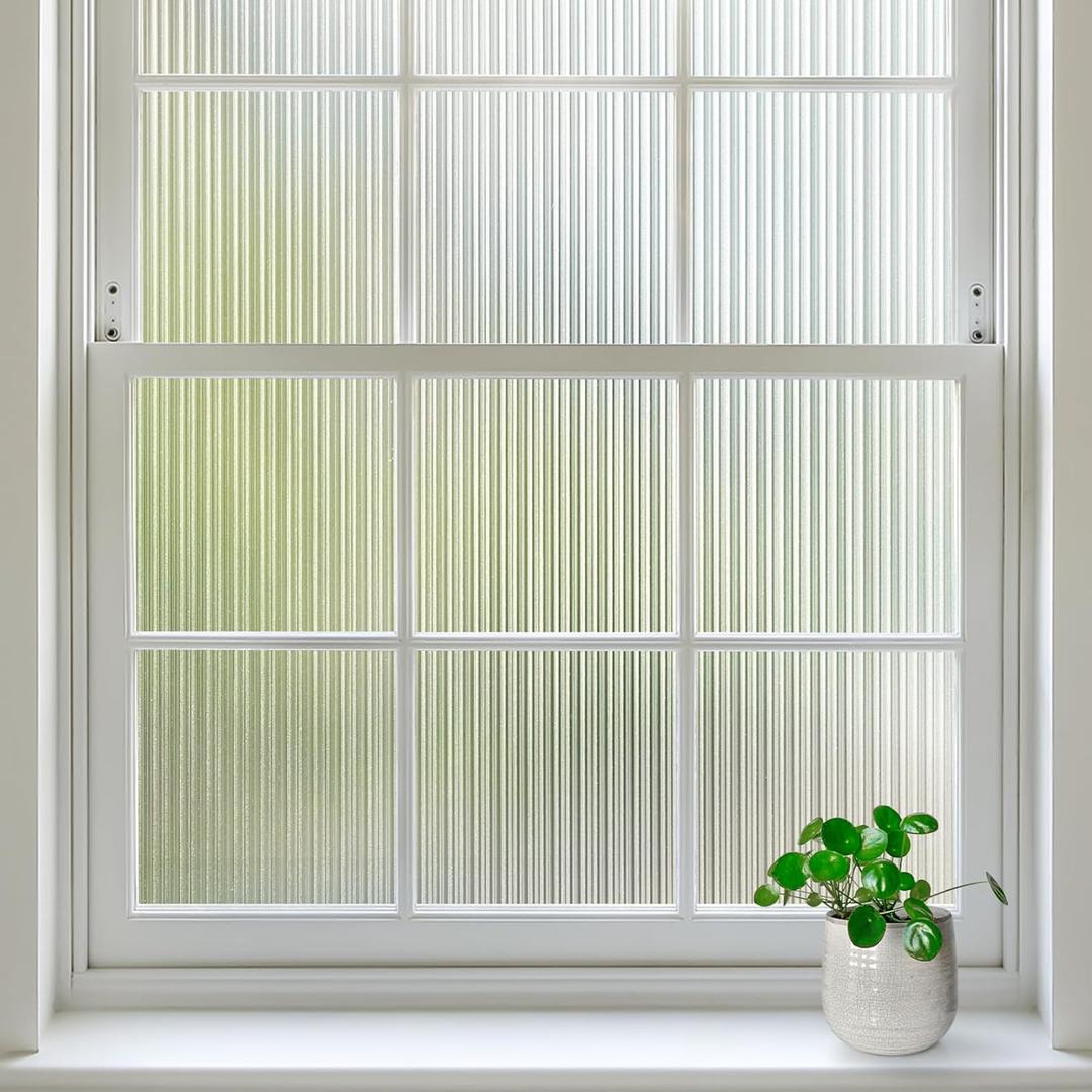 rabbitgoo Reeded Glass Window Privacy Film, Non Adhesive Frosted Window Film, UV Heat Blocking Decorative Vinyl Daytime Privacy Clings for Bathroom Living Room, 17.5 x 157.4 Inches
