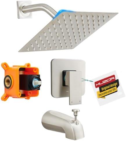 Kuzor Brushed Nickel Bathtub Shower Faucet Set - 304 Stainless Steel Shower Trim Kit with Brass Valve, 8 Inch Square Shower Head & Tub Spout - Easy Installation for Bathroom, Bathtub