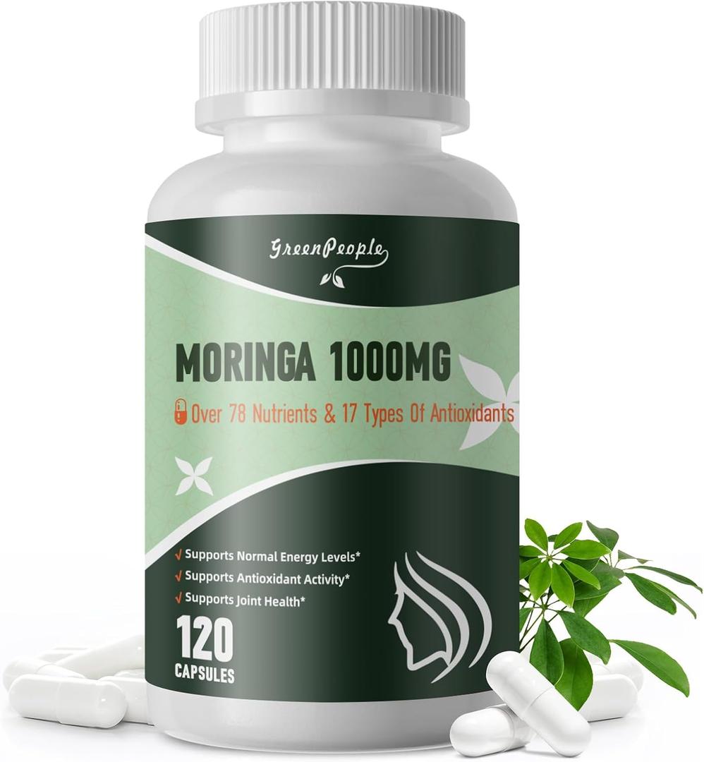 Moringa Capsules 1000mg with Turmeric, Green Tea & Ginger Extract - 7-in-1 Superfood Supplement for Energy, Immune Support & Joint Comfort - Vegan, Non-GMO Antioxidant Blend for Men & Women, 120 Ct, Best By: 04/2027