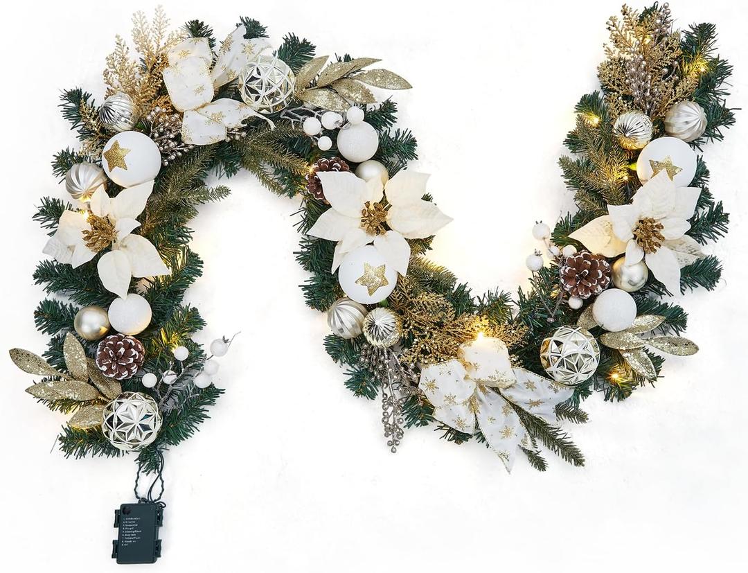 6ft Battery Operated Christmas Garland with 20 LED Lights & Timer, Pre-Lit Artificial Garland for Mantle, Staircase, Table, Indoor Outdoor Xmas Holiday Decor,Champagne