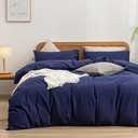 BESTOUCH Duvet Cover Set 100% Washed Cotton Linen Feel Super Soft Comfortable Chic Lightweight 3 PCs Home Bedding Set Solid Navy Blue Queen