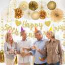 Roetyce 50th Anniversary Decorations, Gold Glitter Happy 50th Anniversary Banner Photo Background for Women Men, Cheers to 50 Years Backdrop Pompoms Paper Fans Party Supplies Dad Mom