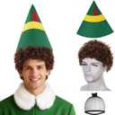 JoneTing Christmas The Elf Wig+Hair Cap with HatShort Brown Curly Wigs for Men Afro Wigs Hat Brown Afro Hairs 70s Disco Costume Hair for Halloween Christmas Cosplay Party Costume Outfit Accessories