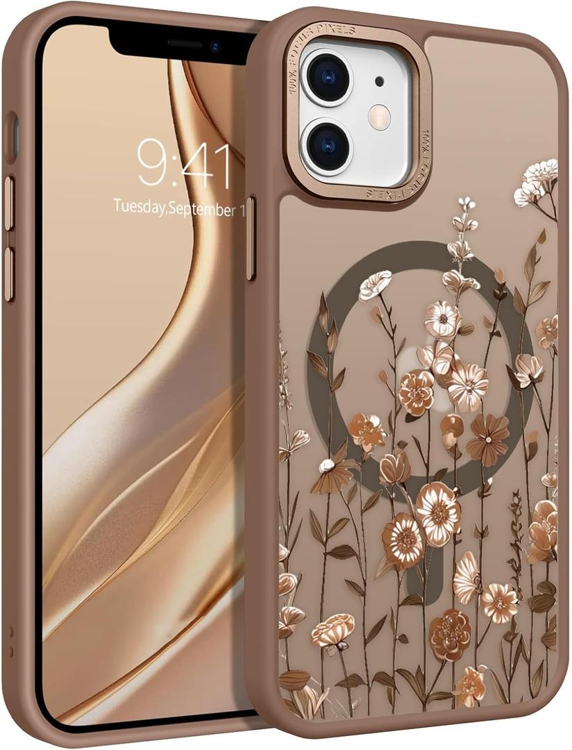 DOMAVER for iPhone 12/Pro 6.1" Case, Magnetic Phone Case iPhone 12/12 Pro [Compatible with MagSafe] Slim Fit Wild Flowers Floral Design Shockproof Protective Bumper Women Men Girls Boys Cover- Brown