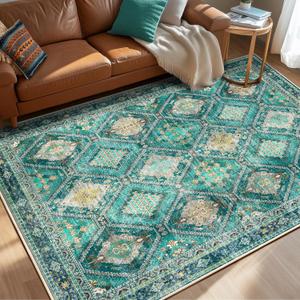 5x7 Rugs Moroccan Trellis Area Rugs Thickened Machine Washable Carpet with Non-Slip Backing for Living Room Bedroom and Home Office Teal/Yellow/Gray (5' x 7' (Rectangular))