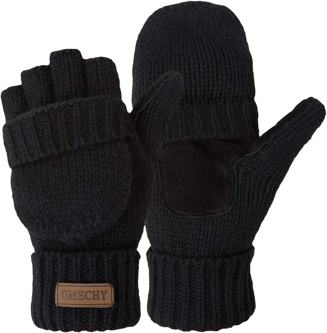 OMECHY Winter Knitted Fingerless Wool Gloves Thermal Insulation Warm Convertible Mittens Flap Cover for Men Women (One Size, Black)