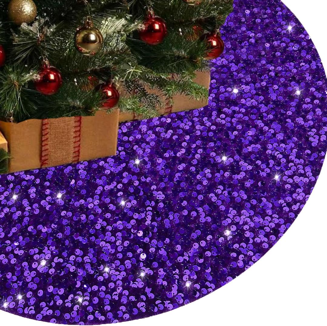 48 Inch Purple Sequin Christmas Tree SkirtLarge Xmas Tree Skirts Round Tree Base Skirt for Christmas Tree Decorations for Happy New Year Christmas Party Holiday Birthday