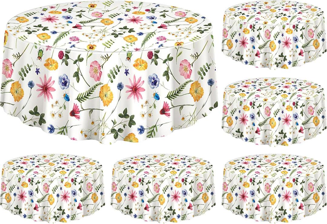 Kinlop 6 Pcs Plastic Round Tea Party Tablecloths 70" Floral Table Cloth Decorative Disposable Outdoor Flower Table Cover Disposable Summer Tabletop for Partys Picnic (Flower,Colorful)