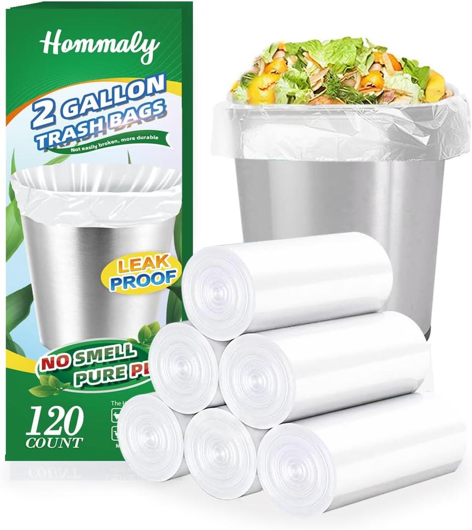 Hommaly 2 Gallon (1.8-2 Gal)120 pcs Small Clear Trash Bags, Strong 1.8 Gallon Garbage Bags, Bathroom Trash Can Bin Liners Unscented, Mini Plastic Bags for Office, Waste Basket Liner,Fit 6,7,8 Liters