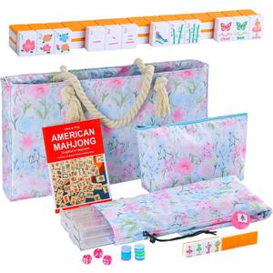 2026 American Mahjong Set Complete with Blue Carrying Bag, 160 Orange Mahjong Tiles, 4 All-in-One Transparent Mahjong Racks with Pushers, Majiang Tile Set