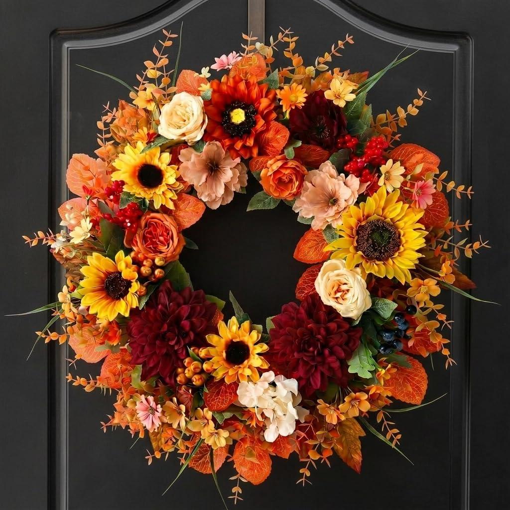 24 Inch Fall Wreath for Front Door, Autumn Sunflower Farmhouse Porch Decor