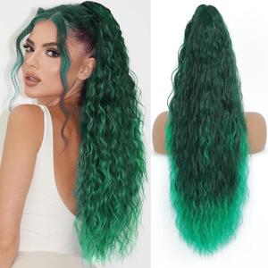 Claw Clip in Ponytail Extension 30 Inch Long Wave Curly Pony Tail Hair Extensions for Women fluffy Natural Looking Synthetic Hairpiece for Daily Use(Omber Green, 30Inch)