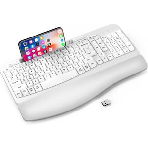 Ergonomic Wireless Keyboard with Cushioned Wrist Rest, Wave Keys, Phone Holder, Comfortable Natural Typing, 2.4GHz Full Size Cordless USB Computer Keyboard for Windows, Mac OS, Laptop, PC (White)
