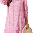 HOTOUCH Boho Dresses for Women Casual Beach Summer Dress V Neck 3/4 Long Sleeve Short Floral Print Swimsuit Cover Up Sundress S