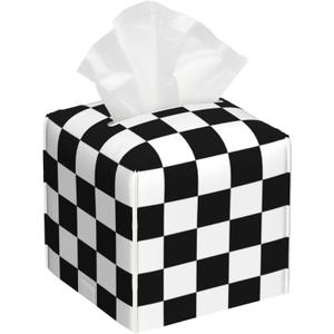 Black and White Checkerboard Tissue Box Cover Square,Square Grid Checkered Tissue Box Holder Waterproof Leather Facial Paper Organizer Dispenser for Bathroom Home Car Nightstand Vanity Desk (Color-21)