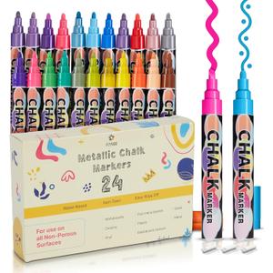 Chalk Markers 24 Pack, 6 mm Reversible Bullet & Chisel Tip, Liquid Chalk Pens for Glass, Windows & Chalkboards,19 Vibrant + 5 Metallic Colors, Wet Erase, Low Odor, Non Toxic Art Markers