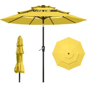 9FT 3 Tiers Patio Umbrella With Auto Tilt And Crank, Outdoor Table Market Umbrella with 8 Sturdy Ribs for Garden, Lawn, Deck, Backyard and Pool
