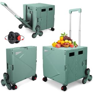 FELICON Folding Climber Utility Cart Rolling Crate Tote on Rotate Wheels with Adjustable Handle Hidden Lid Cup Holder Storage Toolbox for Teacher Office Move Shop Travel Laundry Grocery(Dark Green)