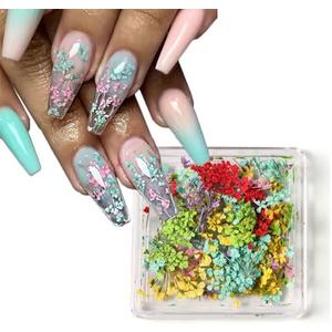 Dried Flowers Nail Art, Colorful Small Natural Floral Dried Flower Decals 3D Mini Real Natural Dried Flowers Nail Art Supplies Spring Summer Acrylic Nails Nail Accessories for Manicure Makeup DIY 2 Pack