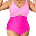Daci Plus Size One Piece Swimsuits - Tummy Control Bathing Suit for Women Cutout Swimwear (Pink, XL)