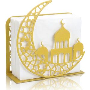 LemonRoad Eid Mubarak Napkin Holder Ramadan Kareem Table Decorations Gold Metal Moon Hollow Cocktail Paper Towel Holder Islamic Tissue Dispenser for Ramadan Muslim Party Tabletop Decors