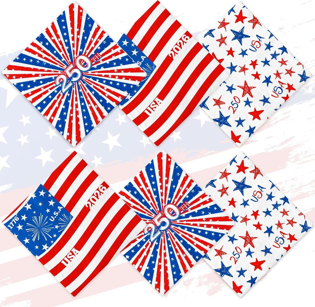 2 x 60 Pack 4th of July Disposable Napkins Patriotic American Flag Themed Napkins for Independence Day Party Supplies & Decor
