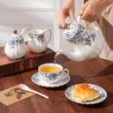 Ceramic Tea Set Vintage Floral,Teapot， Cup and Saucer Set, Sugar Bowl and Creamer Pitcher with Spoons (Little Blue Flowers)