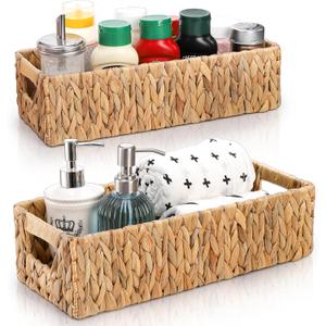 Eorbow 2 Pack Wicker Storage Baskets, Water Hyacinth Holder for Toilet Paper, Rectangular Natural Bins with Built-in Handles, Handwoven Organizer for Bathroom Kitchen Pantry Tank Top, 2 Sizes