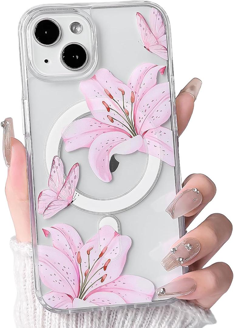NITITOP Compatible with iPhone 14 Plus / 15 Plus Case Clear Magnetic Compatible with MagSafe Cute Lily Flowers Floral for Women Girls Hard PC Back Shockproof Protective Phone Cover - Pink