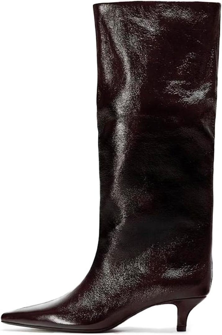 Goolita Burgundy Knee High Boots For Women, Pointed Toe Kitten Heel Wide Calf Boots Cherry Red Slip On Dress Tall Boots (9)