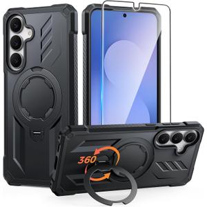 FNTCASE for Samsung Galaxy S25-FE Case: with [Magnetic Ring Kickstand] [Screen Protector] [Compatible with MagSafe] [Military-Grade Drop Protection] Heavy Duty Full Body Protective Phone Cover Black
