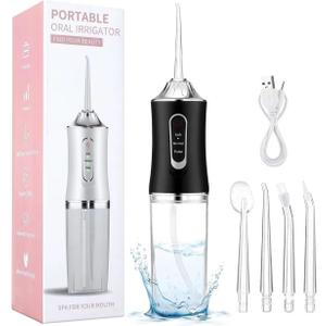 LSLCQW Water Dental Flosser Teeth Pick Portable Cordless Oral Irrigator Rechargeable Travel Irrigation Cleaner 3 Modes 4 Jets IPX7 Waterproof Electric (Black)