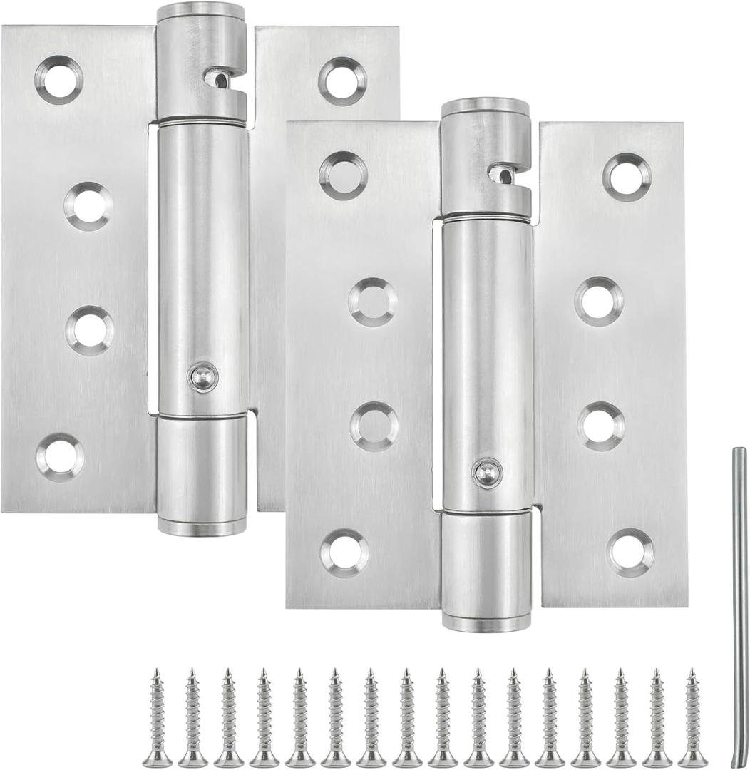 2 Pcs 4 Inch Self Closing Door Hinges, Heavy-Duty Spring Loaded Hinges with Adjustable Tension, Stainless Steel Satin Door Hinges for Interior and Exterior Doors (Silver)
