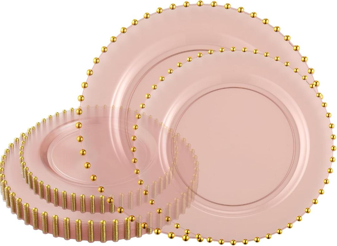 PLASTICPRO 32 Piece Combo Plastic Dinner Plates Disposable Plastic Fancy Heavy Duty Party Dishes 7 inch and 10 inch, Translucent Rose and Gold Beaded