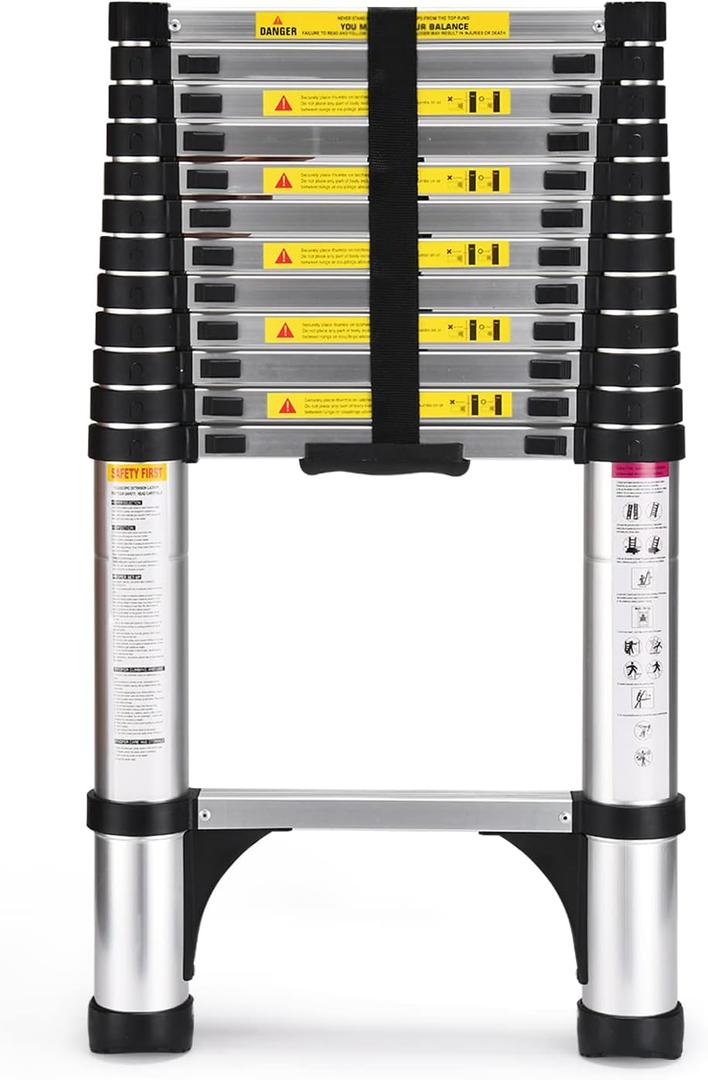 Telescoping Ladder, SocTone 12.5 FT Aluminum Lightweight Extension Ladder with 2 Triangle Stabilizers, Heavy Duty 330lbs Max Capacity, Multi-Purpose Collapsible Ladder for RV or Outdoor Work (12.5FT)