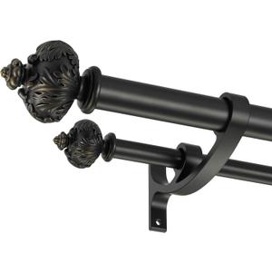 Heavy Duty Double Curtain Rod with Palm Leaves Finials and Aluminum Bouquet Brackets,Double Curtain Rods for Windows 36 to 72 Inches,1 Inch Front, 5/8 Inch Back Adjustable Double Rods,Black