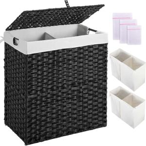 Greenstell Laundry Hamper with lid, No Install Needed, 110L Wicker Laundry Baskets Foldable 2 Removable Liner Bags, 2 Section Clothes Hamper Handwoven Rattan Laundry Basket with Handle, Black (110L (22.2x13.3x24.0 Inches))