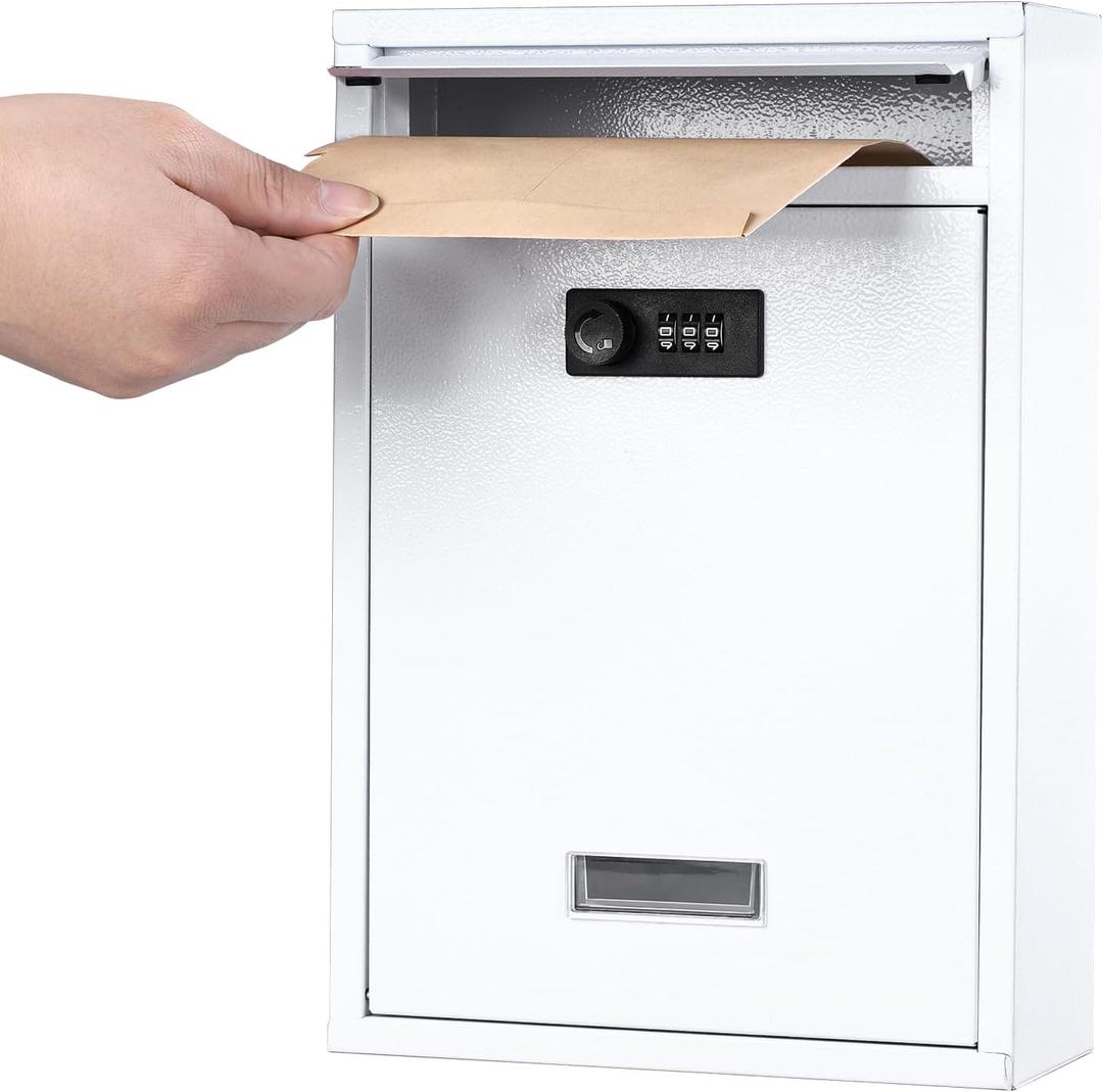 KYODOLED Locking Wall Mount Mailbox, Mail Boxes with Combination Lock for Outside, Security Cash Key Letter Drop Box with Code for House Office School,12.4H x 8.54L x 3.35W Inches, White