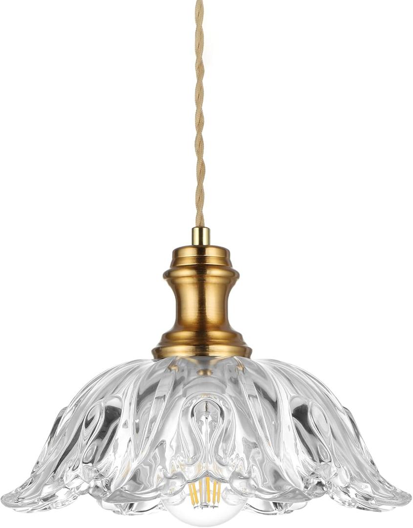 Gold Glass Pendant Lights, 10.6" 1-Light Vintage Hanging Light Fixtures with Flower Clear Glass, Antique Brushed Brass Pendant Lighting for Kitchen Island Sink Dining Room Gold Glass Pendant Lights, 10.6" 1-Light Vintage Hanging Light Fixtures with Flower Clear Glass, Antique Brushed Brass Pendant Lighting for Kitchen Island Sink Dining Room
