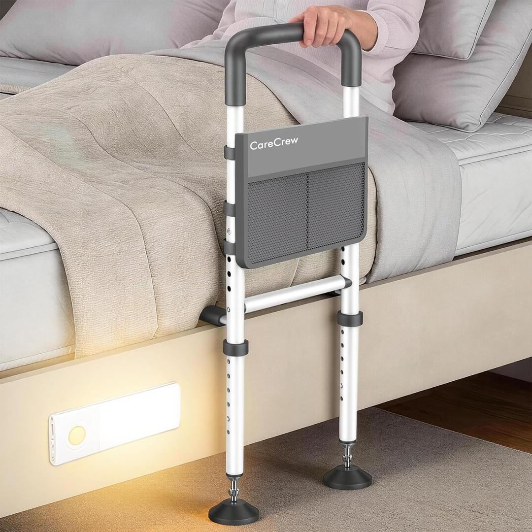 Bed Rails for Elderly Adults Safety - Adjustable Bed Rails for Seniors Supports 350lbs with Motion Sensor Light & Storage Pocket, Stable Bed Assist Rails with Strong Support Leg
