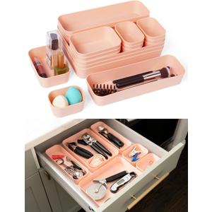 Spacesaver 20-Piece Plastic Drawer Organizer Set  Office, Makeup, Vanity, Bathroom & Desk Drawer Storage Trays  Stackable, Durable PP Bins in Multiple Sizes for Home & Office Organization (Pink)