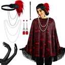 Floraltop 6 Pcs 1920s Flapper Costume Accessories Set for Women Fringed Poncho Flapper Shawl Outfits(Red, Vintage)