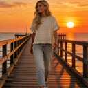 Yeokou Womens Short Sleeve Sweater Round Neck Ruffled Hem Knit Crochet Pullover Summer Fall Casual Top Blouse (Beige, XL)