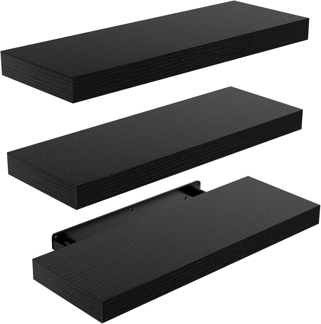 AMADA HOMEFURNISHING Floating Shelves Black, Wall Shelves with Invisible Brackets for Bedroom, Bathroom, Living Room, Kitchen, Set of 3 - AMFS07 (15.7 Inches)