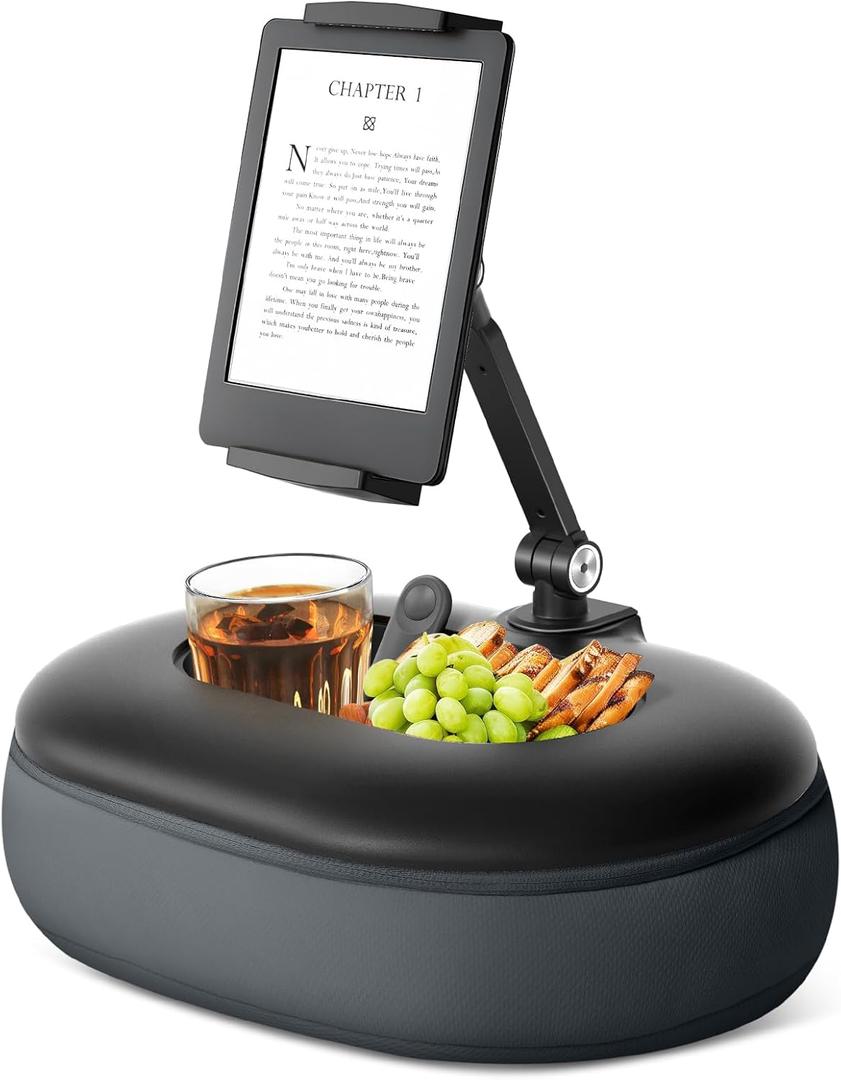 Beanbag Tablet Pillow Stand Raises Screen Height, Hands-Free Reading Holder, with Snack Bowl and Detachable Base for Bed or Couch, Compatible for Kindle, iPad, eBook, Tablet (Muted Gray)